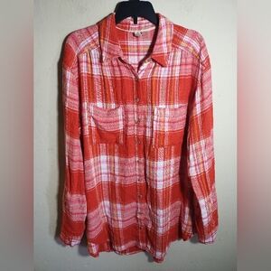 Pilcro Top Orange Plaid Soft Button Down Tunic Boho Fall